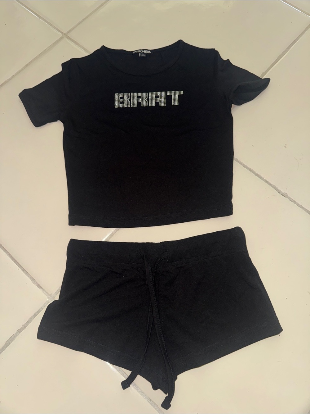 Fashion Nova Black 'BRAT' Rhinestone Top & Shorts Pajama Set